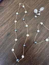 Floating Black And White Pearl Necklace Earrings And Bracelet 14K