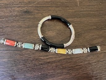 2 Exquisite Bracelets One Sterling And Onyx Bangle, One Multi Stone And Sterling Asian Finish