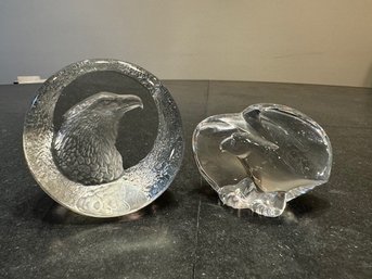 A Pair Of Crystal Eagle Paperweights Signed Mats Ionasson Swedish