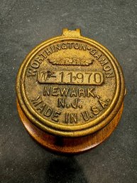 Vintage Brass Water Meter Cover Worthington -Gamon Mounted On Wood Base Newark, NJ