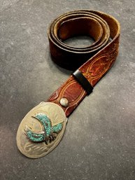 Turquoise And Silver Tone Bald Eagle Buckle On Luggage Color Embossed Belt