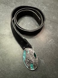Enamel And Metal Eagle Buckle On Woven Black Leather Belt Size 44