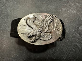 Cast Metal, Soaring Bald Eagle Buckle On Embossed Black Leather Size 44