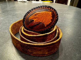 Stitched Leather Embossed Bald Eagle Belt Size 44 Very Good!