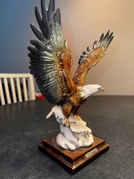 Giuseppi Armani Bald Eagle Porcelain Sculpture Mounted On Wood Base With Brass Plaque