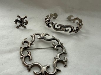 Vintage Navajo American Indian Sterling Silver Bracelet, Pin And Single Earring