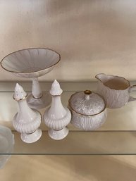 Lenox Large Group Salt And Pepper Shakers, Creamer And Sugar Bowl And Footed Candy Dish