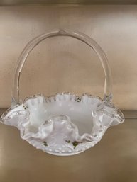 SIGNED Fenton Ruffle Hand Painted Bowl Candy Dish Basket With Handle