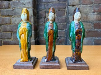 Three Tang Dynasty Style Ancai Painted Terracotta Figurines