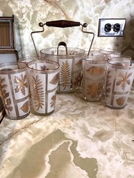Anchor Hocking Bar Set 8 Gold Enhanced Glasses And Ice Bucket With Tongs And Caddy