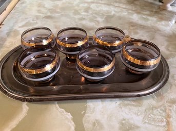 7 Piece MCM Cordial Set Gold Enhanced On Silver Plate Tray