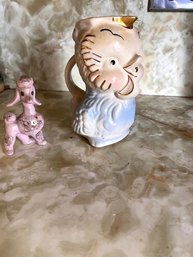 2 Porcelain Animals, Owl Creamer And Pink Poodle