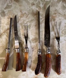 2 Sets Of Sheffield Retro Carving Knives And Sharpeners Elk And Faux Bakelite Handles