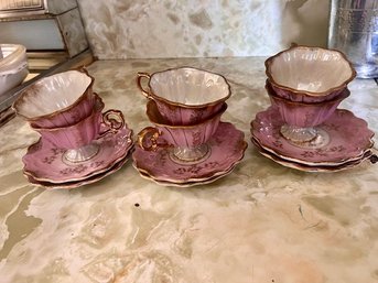 Set Of 6 Pink And Gold Tea Cups And Saucers Sterling China Made In Japan