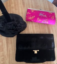 3 Awesome Bagsblack Tano Leather Clutch, Hot Pink Floral Silk And Retro Black Silk