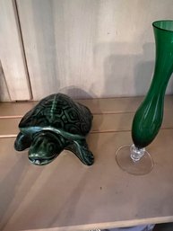 Green Ceramic Turtle And Etched Green Glass Bohemian Bud Vase