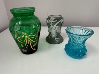 A Group Of Three Various Mini Vases, Wedgwood Like, Signed, Hand Painted Venetian Glass And Victorian Pressedg