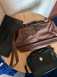 Group Of Three Retro Purses, Fab Satchel Chocolate Leather, Black Leather Clutch & Black Crossbody