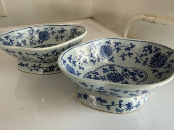 A Pair Of Oval Blue And White Bowls Approx 8' Long