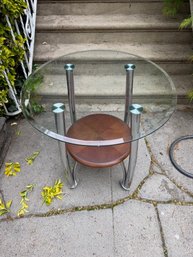 Retro Round Chrome, Glass And Wood Shelf Table 26' Diameter X 26 ' Height