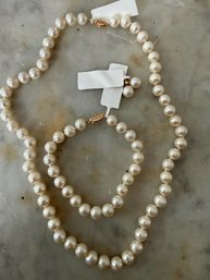 Hong Kong 3 Piece Pearl Set, Necklace, Earring, Bracelet, 14Kt Clasps And Earrings Stems