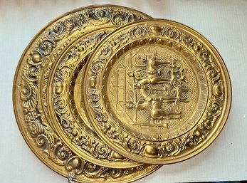 Collection Of Three Brass Embossed Plaques 14' -22'  Fox Hunt, Carriage Scene, Coaching Inn Scene