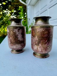 A Pair Of Vintage Exquisite Etched Brass Vases 1940's Made In India
