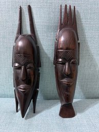 Two Wood Carved African Wall Sculptures Approx 14' Tall