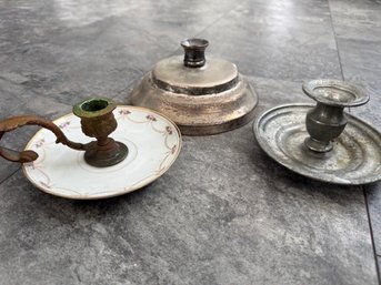 A Group Of Three Vintage Hand Held Candlesticks~ One Limoges, One Silver Plate, One Pewter