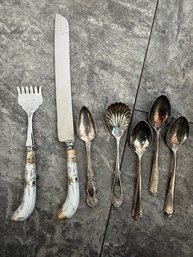 Collection Of Serving Pieces, Porcelain Handled And Various Spoons
