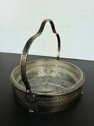 Bernard Rice & Son's USA Silver Plate Handled Divided Glass Dish Serving Piece
