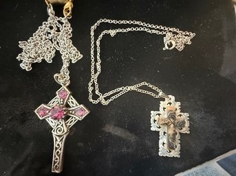 Mother Of Pearl Crucifix, Silver Tone With Red Stones Necklaces