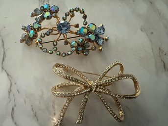Two Crystal Brooches One Made In Austria, Anne Klein Bow