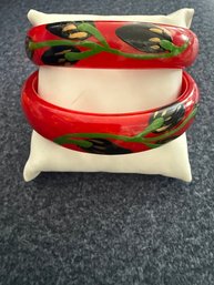 2 Handpainted Cherry Bakelite Bangle Bracelets