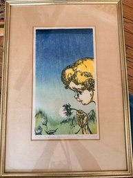 Child Blowing Dandelion Signed  Mervin Jules  Woodcut Artist Proof Prof Smith College