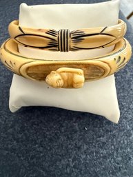 Two Carved Bakelite Bracelets Bamboo Color