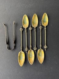 Group Of 6 800 Silver Spoons @ 2. 8 Ozs, And A Pair Of Sterling Silver Tongs 0.6 Oz