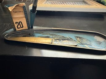 Enamel Over Metal Pen Holder With Tray And Letter Opener