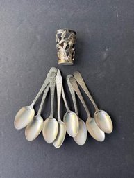 Set Of Sterling Silver Demi Tasse Spoons And Shot Glass Cover 2.9 Ounces
