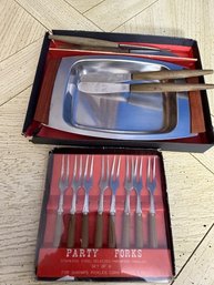 Mid Century Appetizer Set, Wood And Stainless Party Forks, Tray, Spreaders