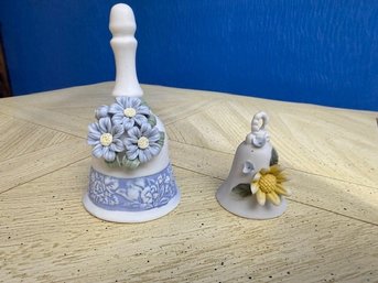 Two Bisque Porcelain Bells Each With Dimensional Flowers
