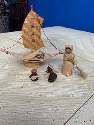 Collection Of Asian, Figurines And Chinese Junket Of Bamboo