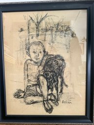 Alexander Dobkin, Original Graphite Young Boy With His Dog, Approx 24 X 30