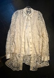 Exquisite Nathalies Intricate Lace Scrollwork Cream Silk, Satin Blouse Set Size 46