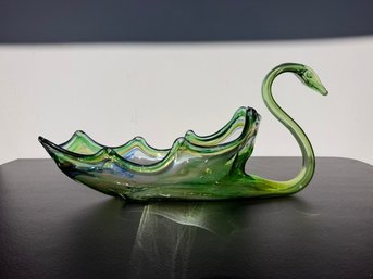 Green Swirl Sooner Glass Large Swan Center Piece Bowl Approx 16" Long