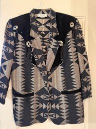 Black And White With Silver Tone Medallions Southwest Style Jacket By Knit Studio Size Medium
