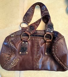 Betsey Johnson Brown Leather Handbag With Brass Grommets, Needs New Zipper PULL