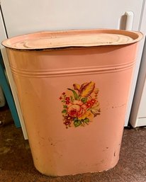 1950'S METAL LAUNDRY HAMPER ROSE WITH FLORAL FRONT