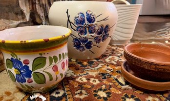 Group Of Three Pottery Planters Italy, Floral, Thistle