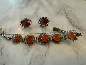 Silver And Carnelian Bracelet And Earrings, Sterling, Screw Backs